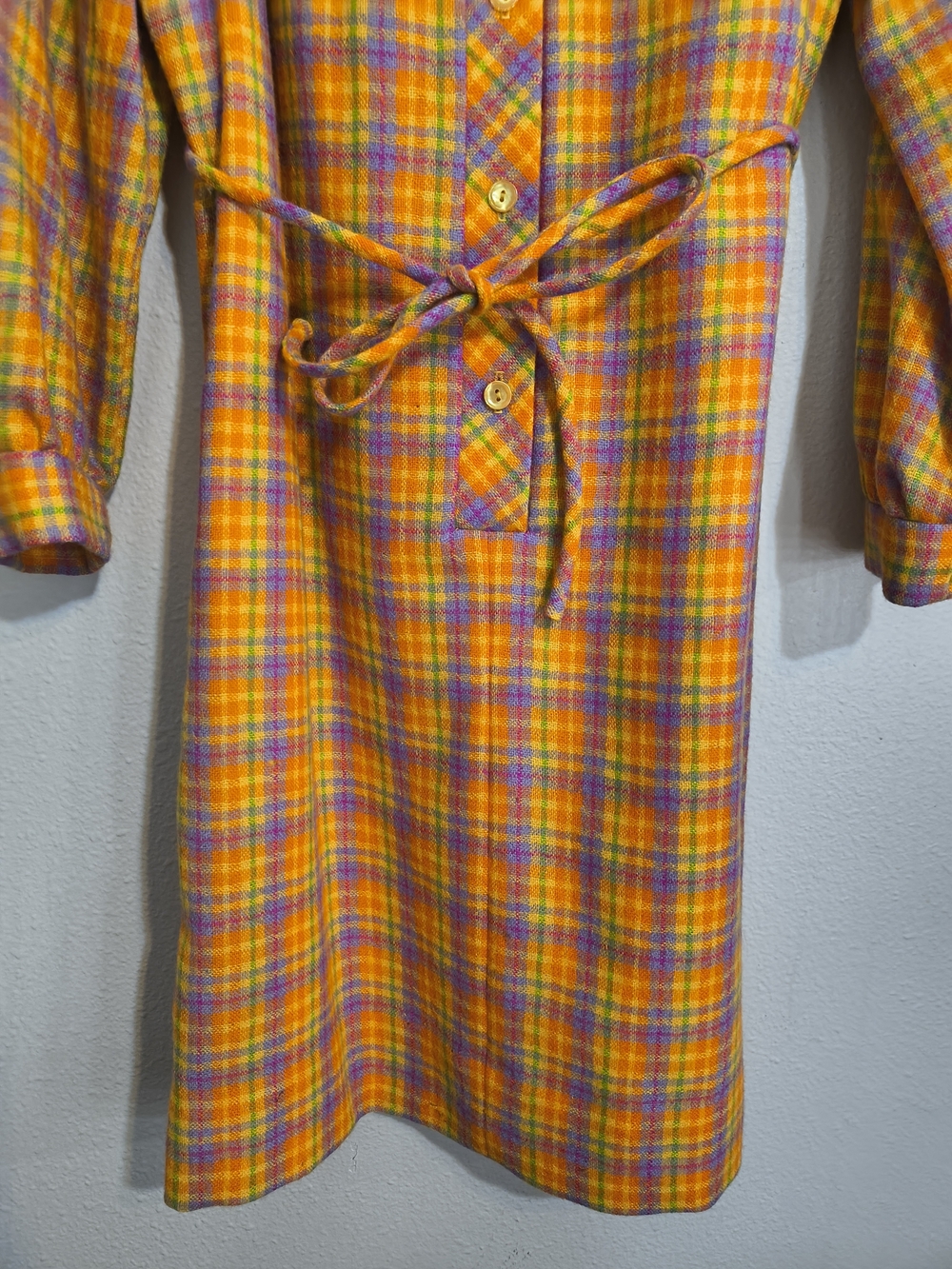 Vintage California Girl Plaid Shirt Dress M/L Orange Purple 60s 70s - Picture 3 of 10